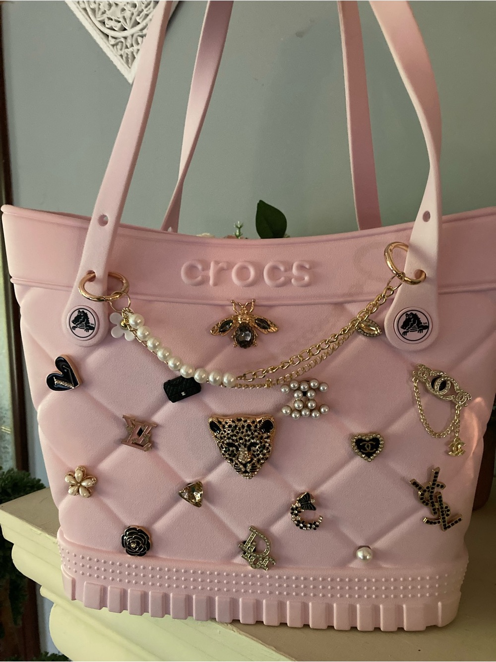 CROCS Light Pink Quilted Tote with Gold Charm Accents